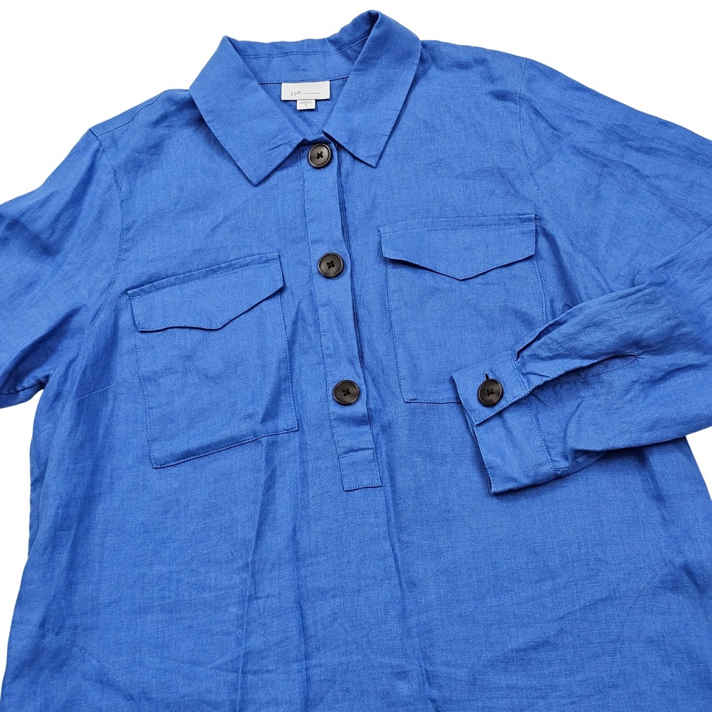 J. Jill Shirt Dress Womens M Blue Linen Long Sleeve Pockets Coastal Lagenlook